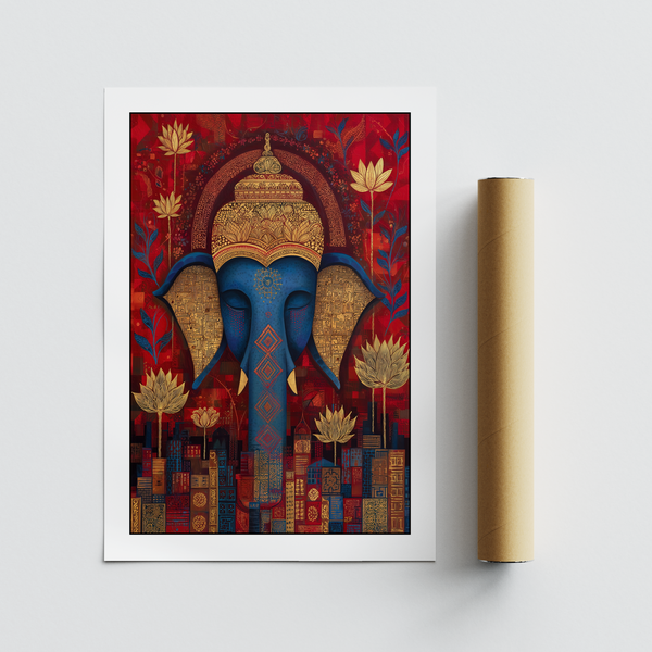 Vibrant Buddha Wall Art wall art print with lotus blossoms and patterned skyline blocks