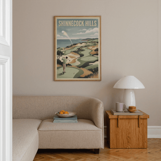 Illustrated golf course poster showing a tee shot and curved ball flight over fairway