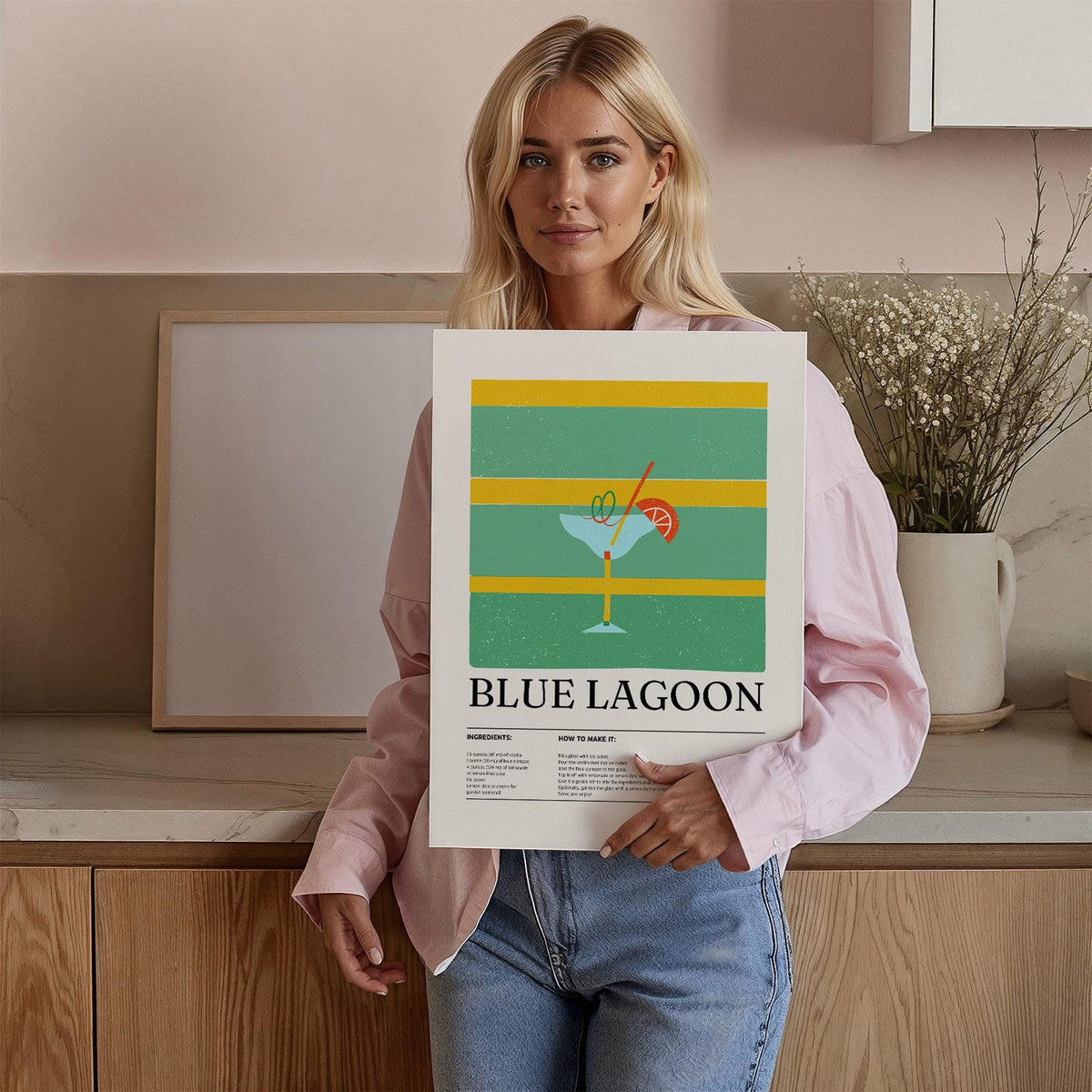 Illustrated Blue Lagoon recipe in a colorful kitchen wall picture format.
