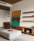 Modern Skyline Poster in teal and orange hues for office space poster decor