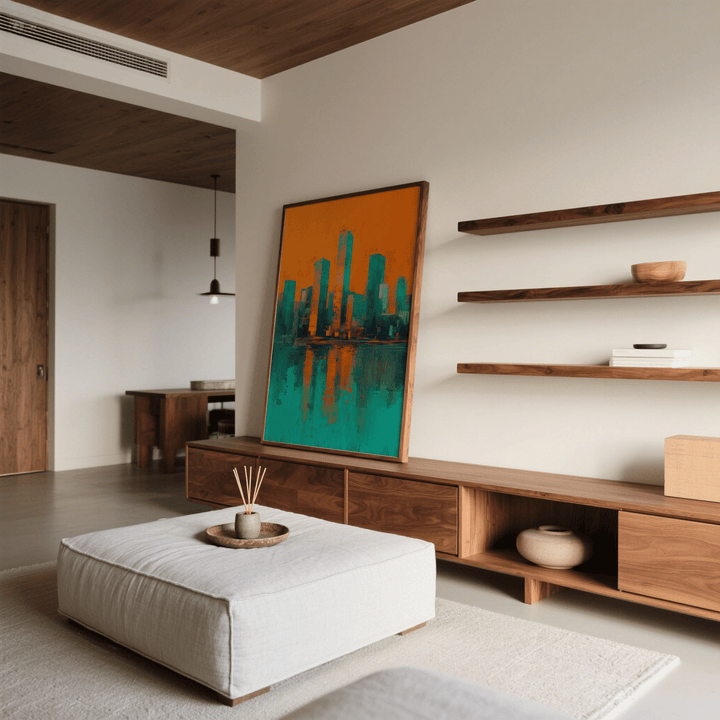 Modern Skyline Poster print leaning on wooden furniture orange and teal abstract city skyline