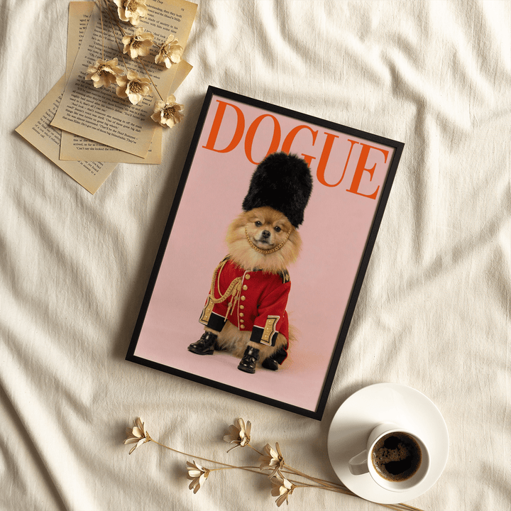 Pomeranian Poster Print leaning on a cream cloth with coffee cup and dried flowers
