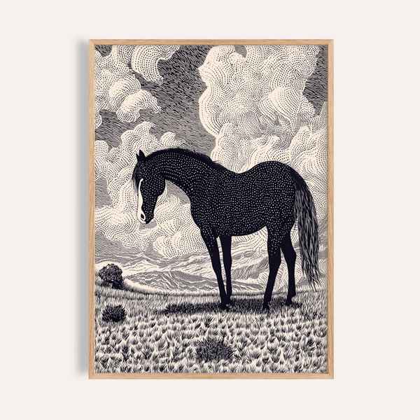 Black Horse Art Print featuring a dotted stallion silhouette and cloud motifs