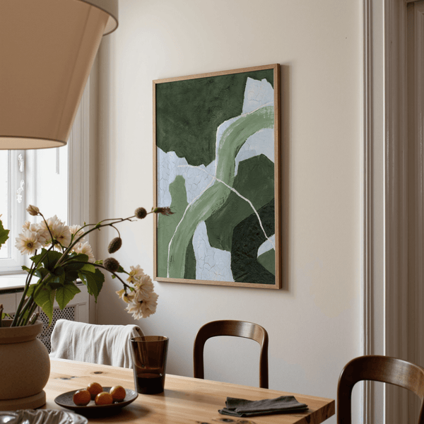 Minimalist Abstract Green Art Print, combining blue, white, and green for stylish entryway