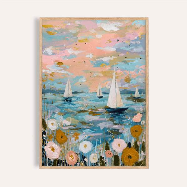 Sailboat Wall Art in Blue and Pink for living room poster