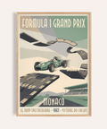Vintage Monaco race track poster with airborne Formula 1 car wall art
