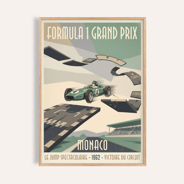 Vintage Monaco race track poster with airborne Formula 1 car wall art