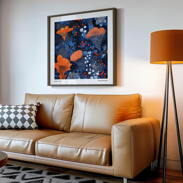 Abstract Blue Orange Wall Art featuring bold Japanese motifs and dotted textures.