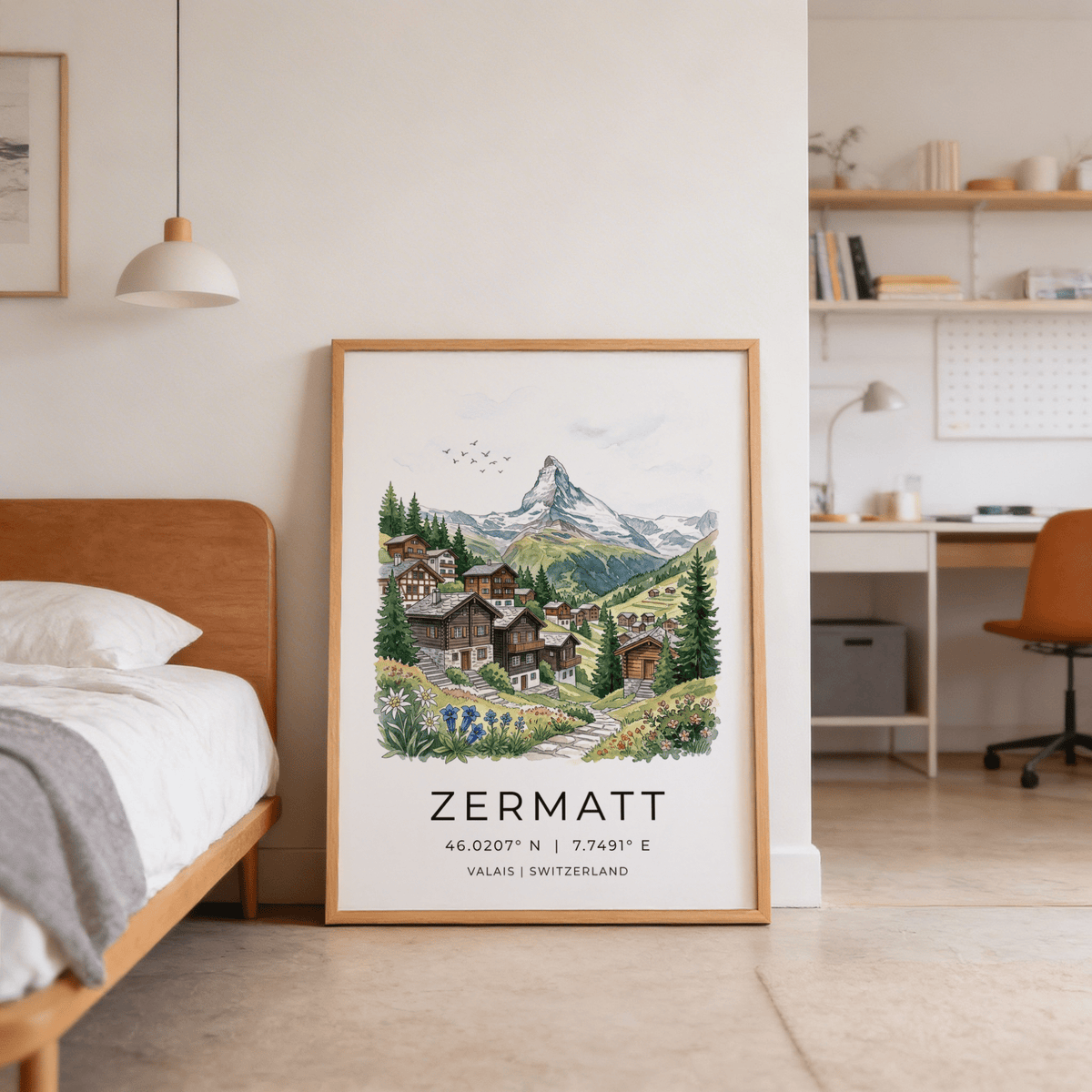 Scenic mountain poster with clustered cabins, trees, and birds in the sky
