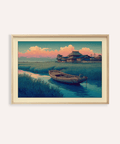 Hasui Kawase river boat art print with moored skiff and winding river