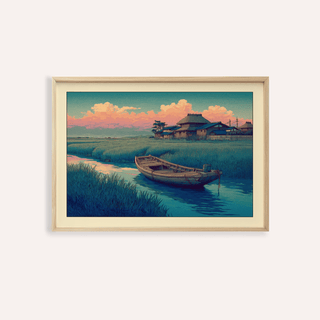 Framed print close-up of Hasui Kawase River Boat with a wooden boat on a blue river and houses in the background