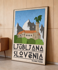 Ljubljana Slovenia Art Print featuring layered peaks, green trees and bordered layout