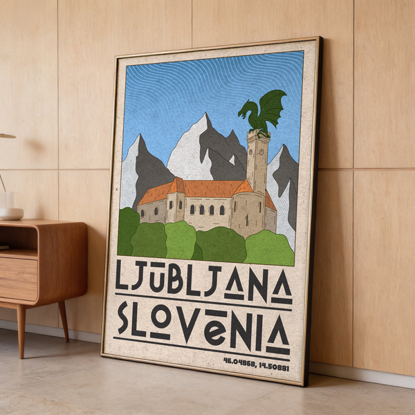 Ljubljana Slovenia Art Print featuring layered peaks, green trees and bordered layout