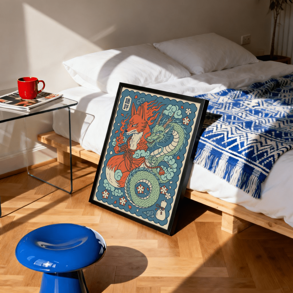 Mythical Creature Wall Art of kitsune and dragon with stylized clouds