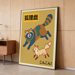 Graphic animal wall art print showing raccoon above fox with Japanese characters
