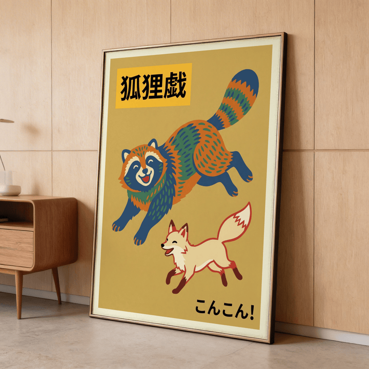 Framed Raccoon Wildlife Art Print showing playful raccoon and fox in folk-art style leaning against a wall