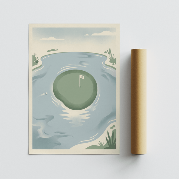 Textured 18th Hole Wall Art with island green, water ripples, and beige border
