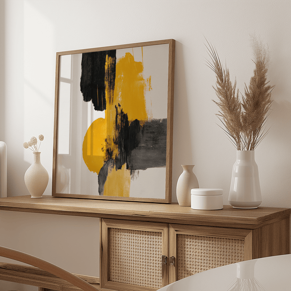 Minimalist Abstract Square Art Print in yellow and black for hallway