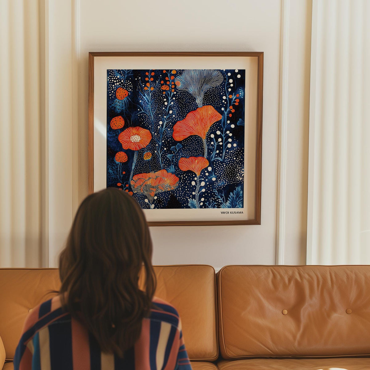 Abstract Flower Art featuring vivid floral shapes on a navy dotted background.