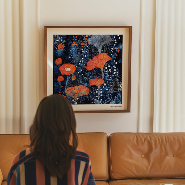 Abstract Flower Art featuring vivid floral shapes on a navy dotted background.