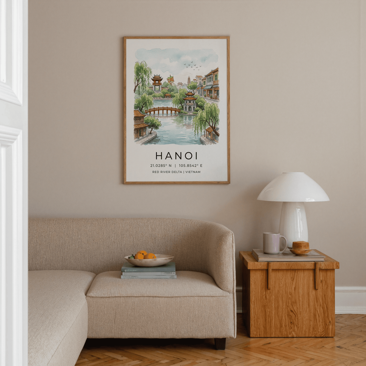 Scenic Vietnam Hanoi wall art print featuring waterfront buildings and bridge