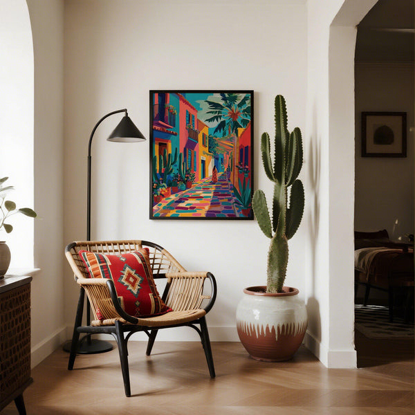 Bright and bold Mexican street art with woman walking through a sunlit alley.