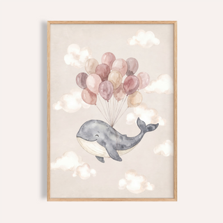 Watercolor whale poster floating with balloons and clouds, Cute Whale Poster