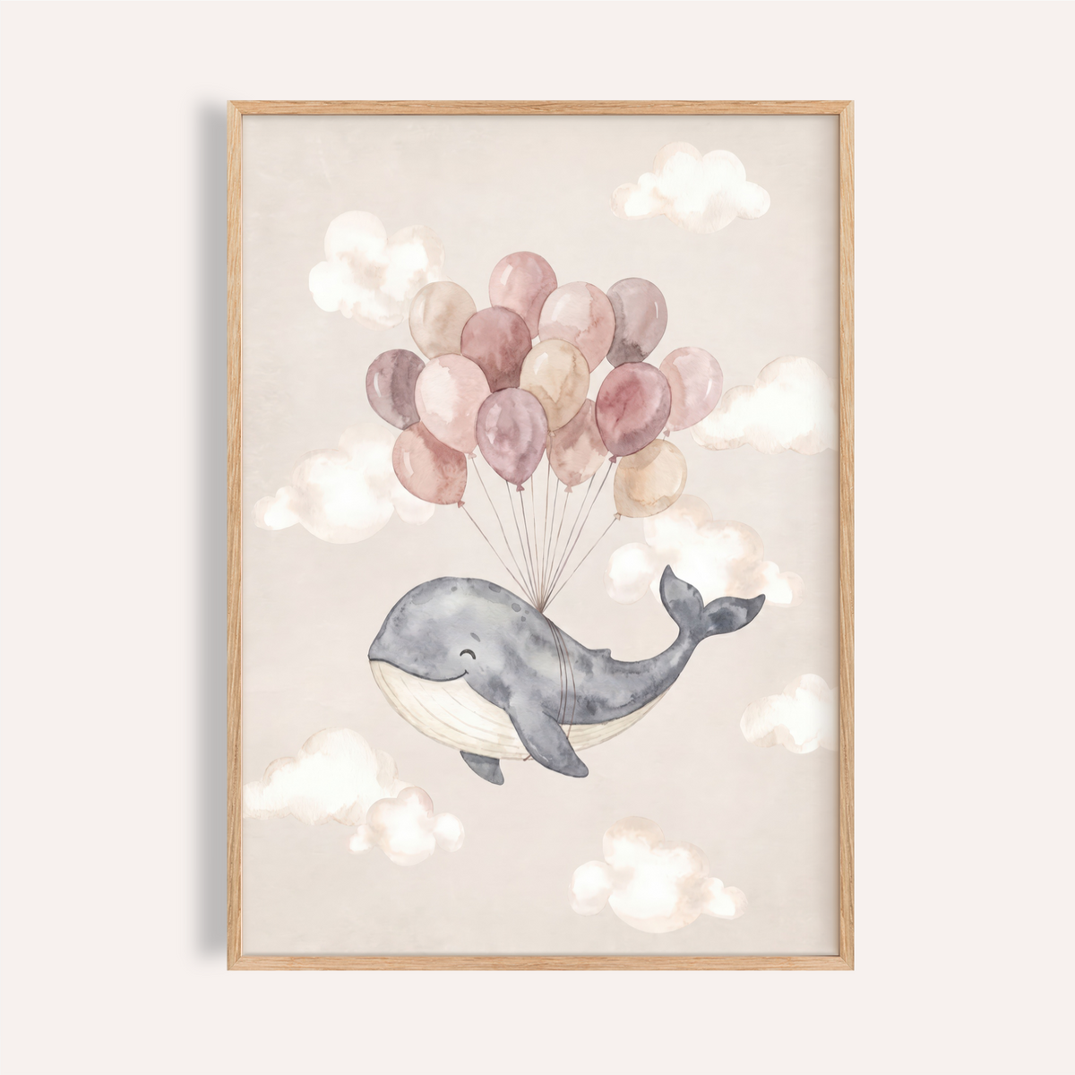 Watercolor whale poster floating with balloons and clouds, Cute Whale Poster