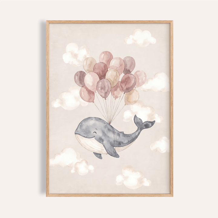 Watercolor whale poster floating with balloons and clouds, Cute Whale Poster