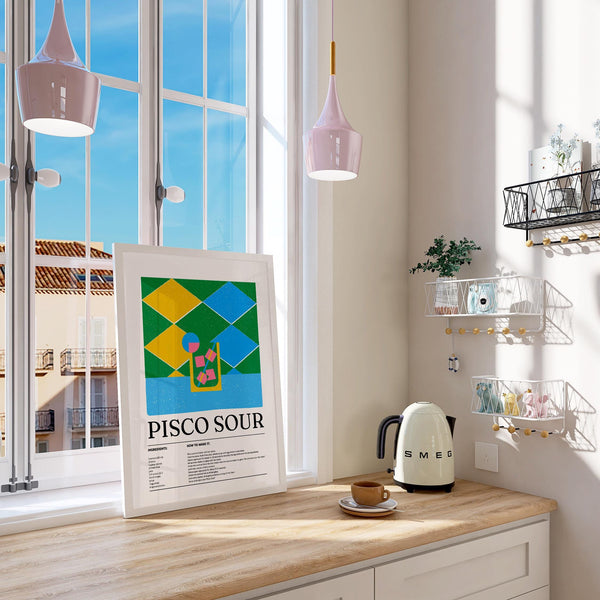 Kitchen art print of Pisco Sour recipe with modern retro illustration.