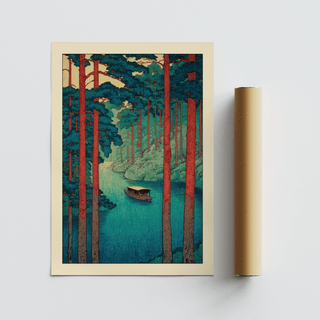 Minimal text-free landscape print with trees framing a river channel and distant hills