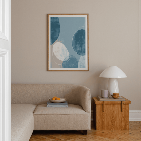 Modern abstract wall art print featuring oval silhouettes and subtle speckled texture