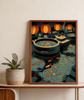 Japanese Koi Art Print featuring koi fish, round basins, and repeating ripple rings