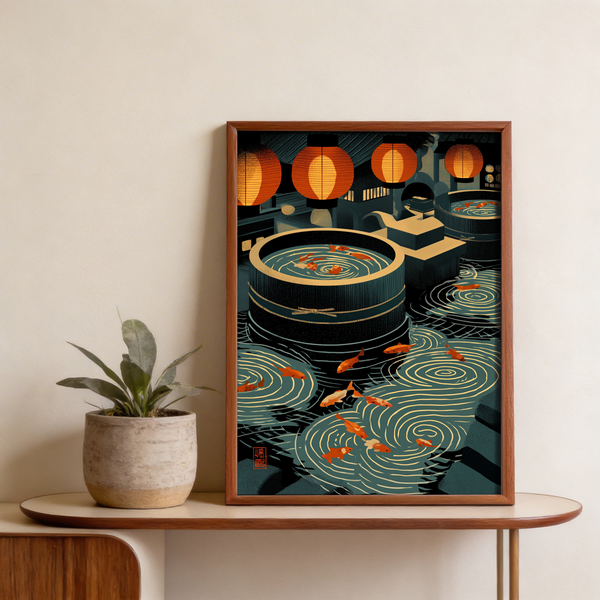 Japanese Koi Art Print featuring koi fish, round basins, and repeating ripple rings