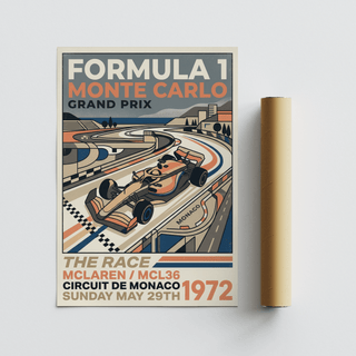 Track corner composition on Mont Carlo Racing Poster wall art with central car motif and layered road stripes