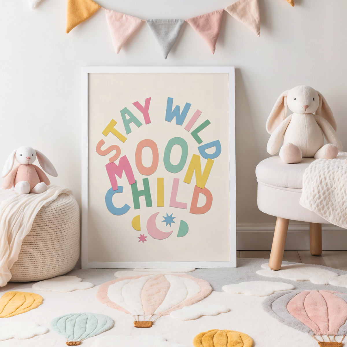 Minimalist nursery poster print with large “MOON CHILD” text and crescent moon motif