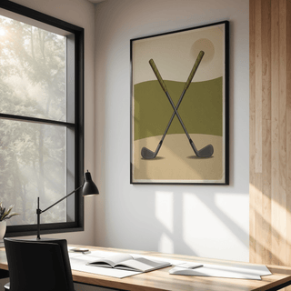 Minimal golf poster print with crossed irons, sun circle, and textured paper look