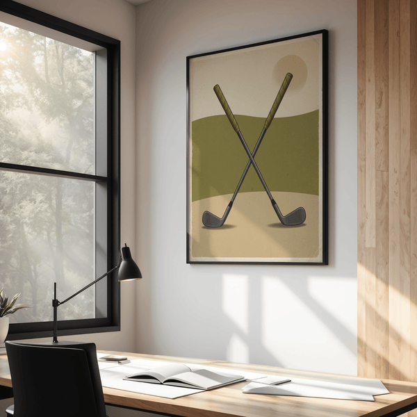Minimal golf poster print with crossed irons, sun circle, and textured paper look