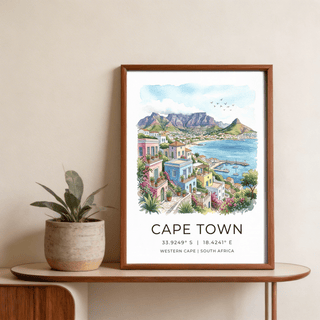 Coastal travel poster print of Cape Town with sailboats in the bay and mountains behind