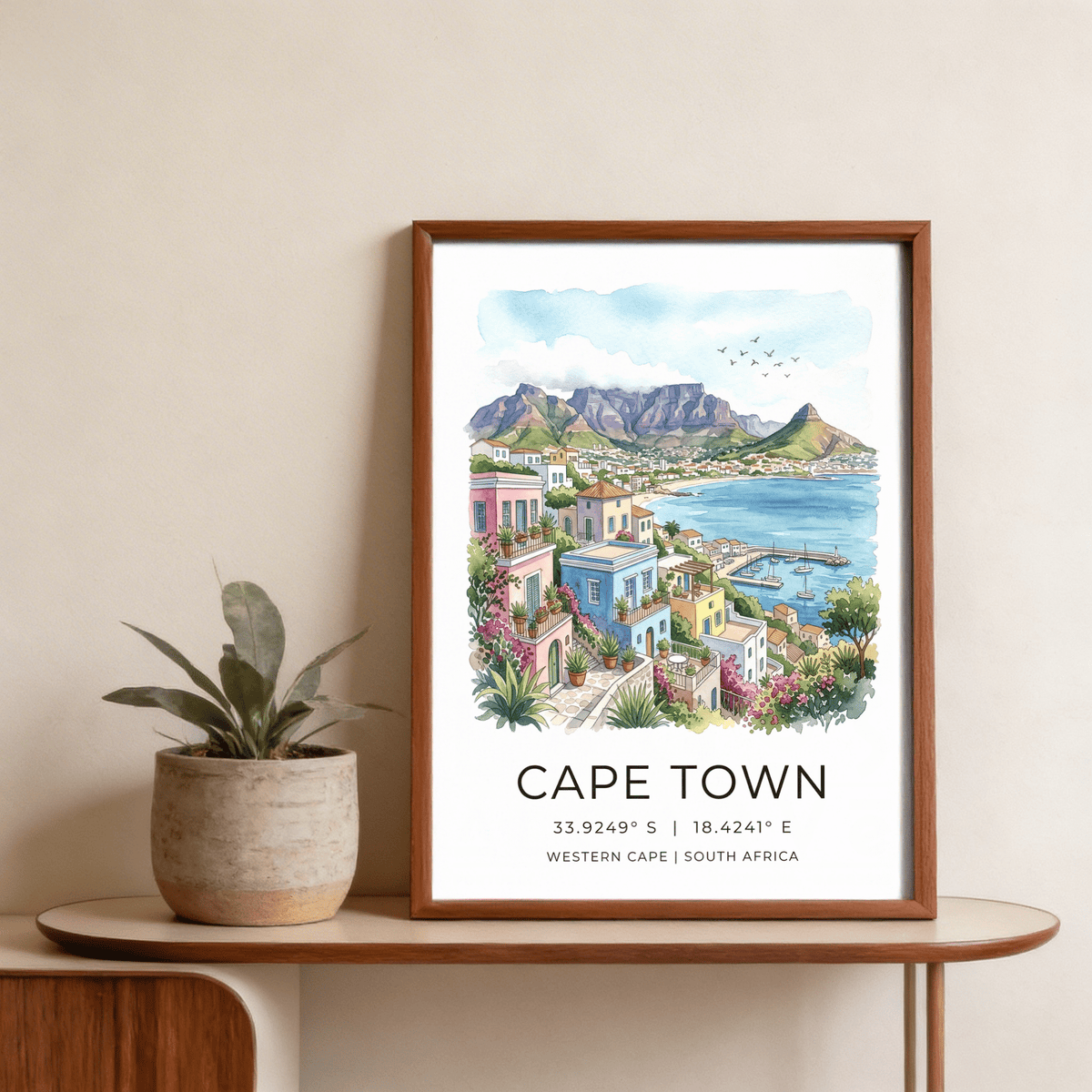 Coastal travel poster print of Cape Town with sailboats in the bay and mountains behind