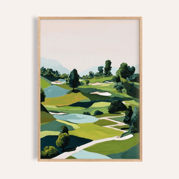 Overview of golf course landscape wall art print with rolling fairways and sand bunkers