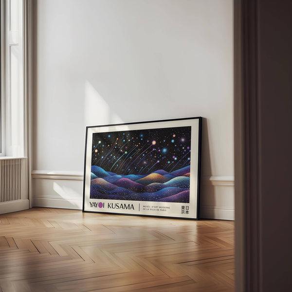 Kusama-inspired landscape prints featuring rolling dotted hills and stars