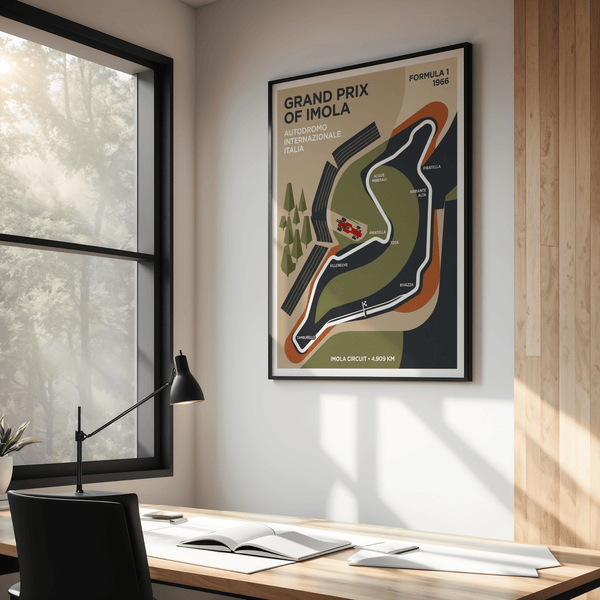 Printed as a map-style wall art poster, this Imola Grand Prix Poster highlights the circuit route with bold headings