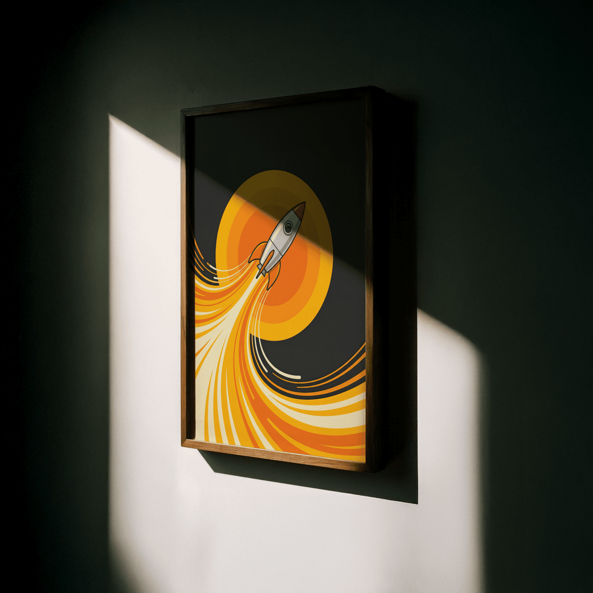 Rocket Wall Art print for office decor, vibrant Yellow and Orange