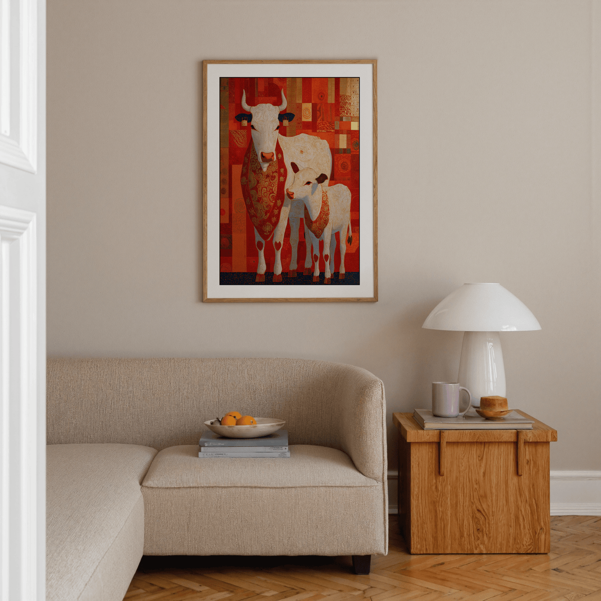 Gallery mockup showing framed animal illustration against neutral wall