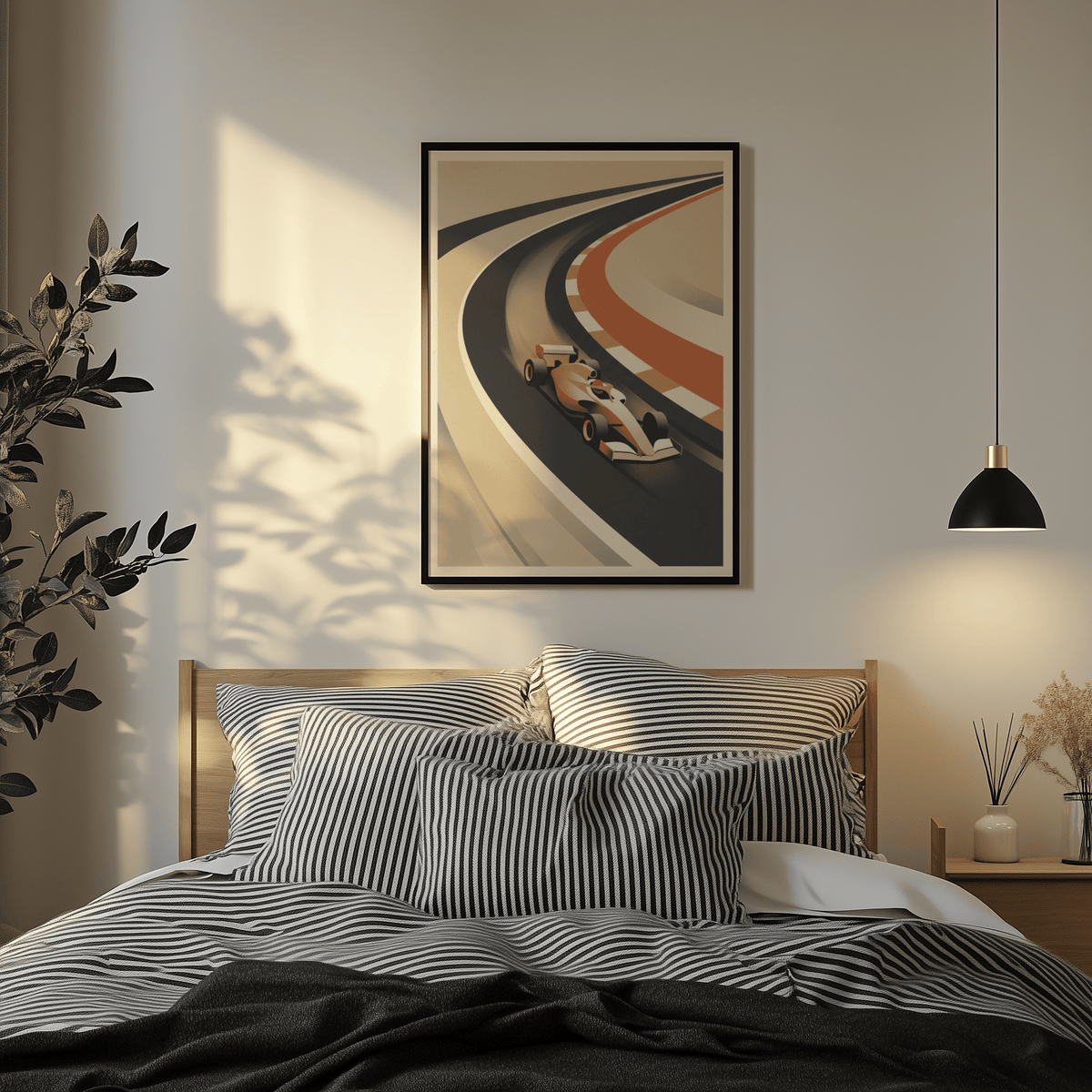 Modern minimalist motorsport print with a central car motif and sweeping track curves