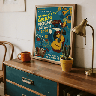 Illustrated wall art poster showing sombrero character playing a guitar