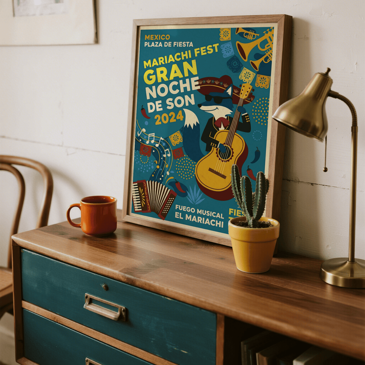 Illustrated wall art poster showing sombrero character playing a guitar