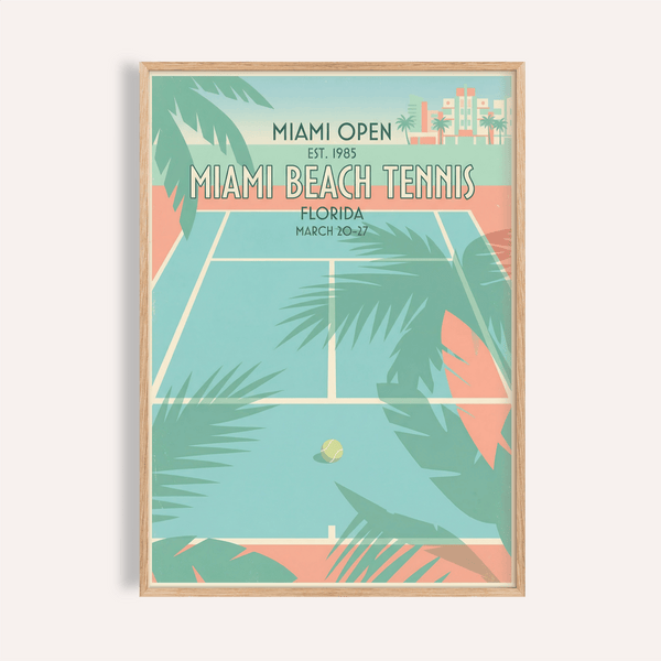 View of Miami Beach Tennis Print poster with tennis court, palm fronds, and Miami Open typography