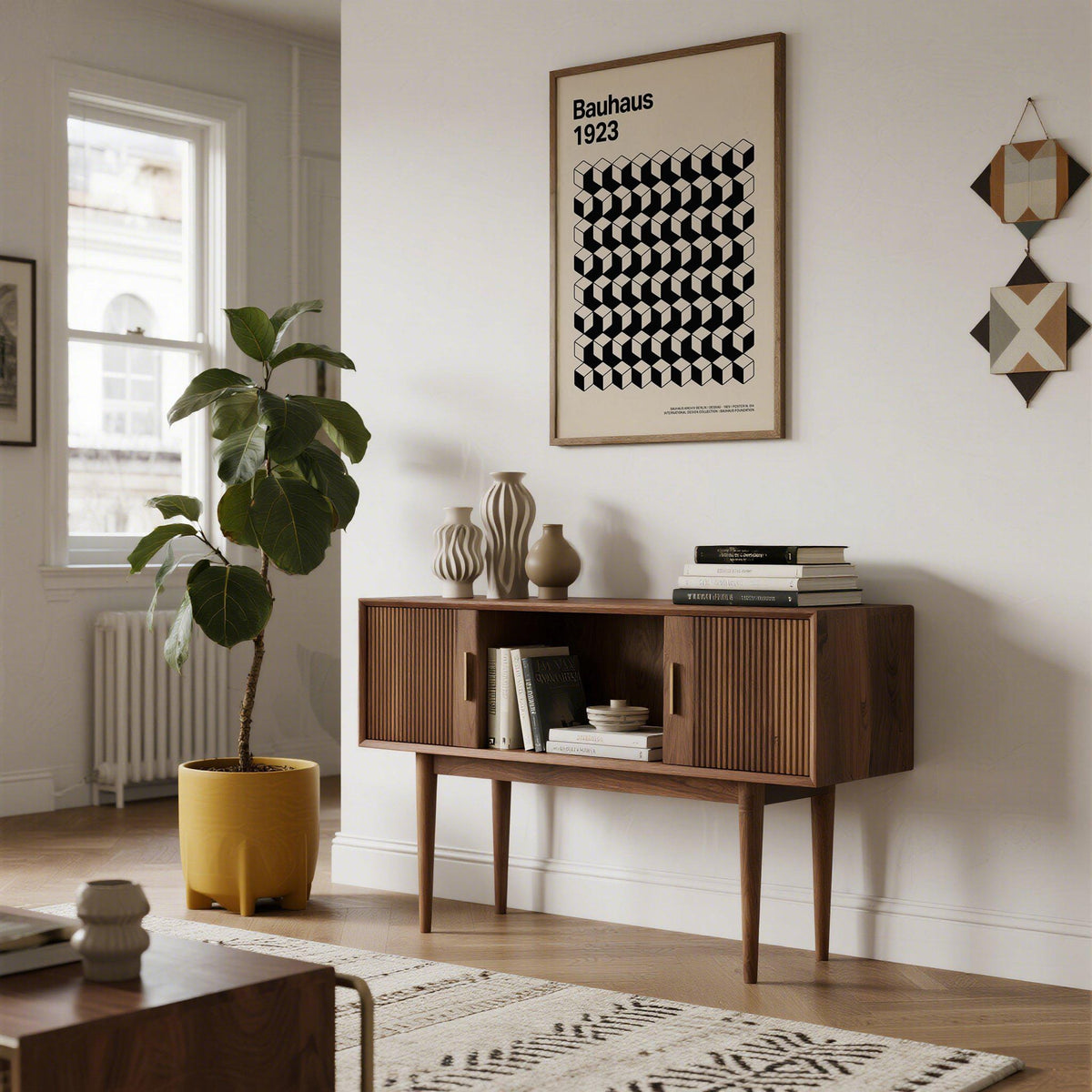 Framed Bauhaus Design Poster hanging on a modern studio gallery wall.